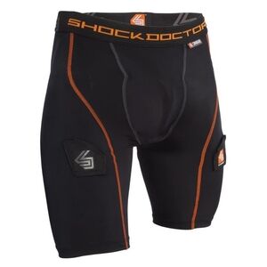 Shock Doctor Black and Orange Hockey Shorts, Size Large (28)